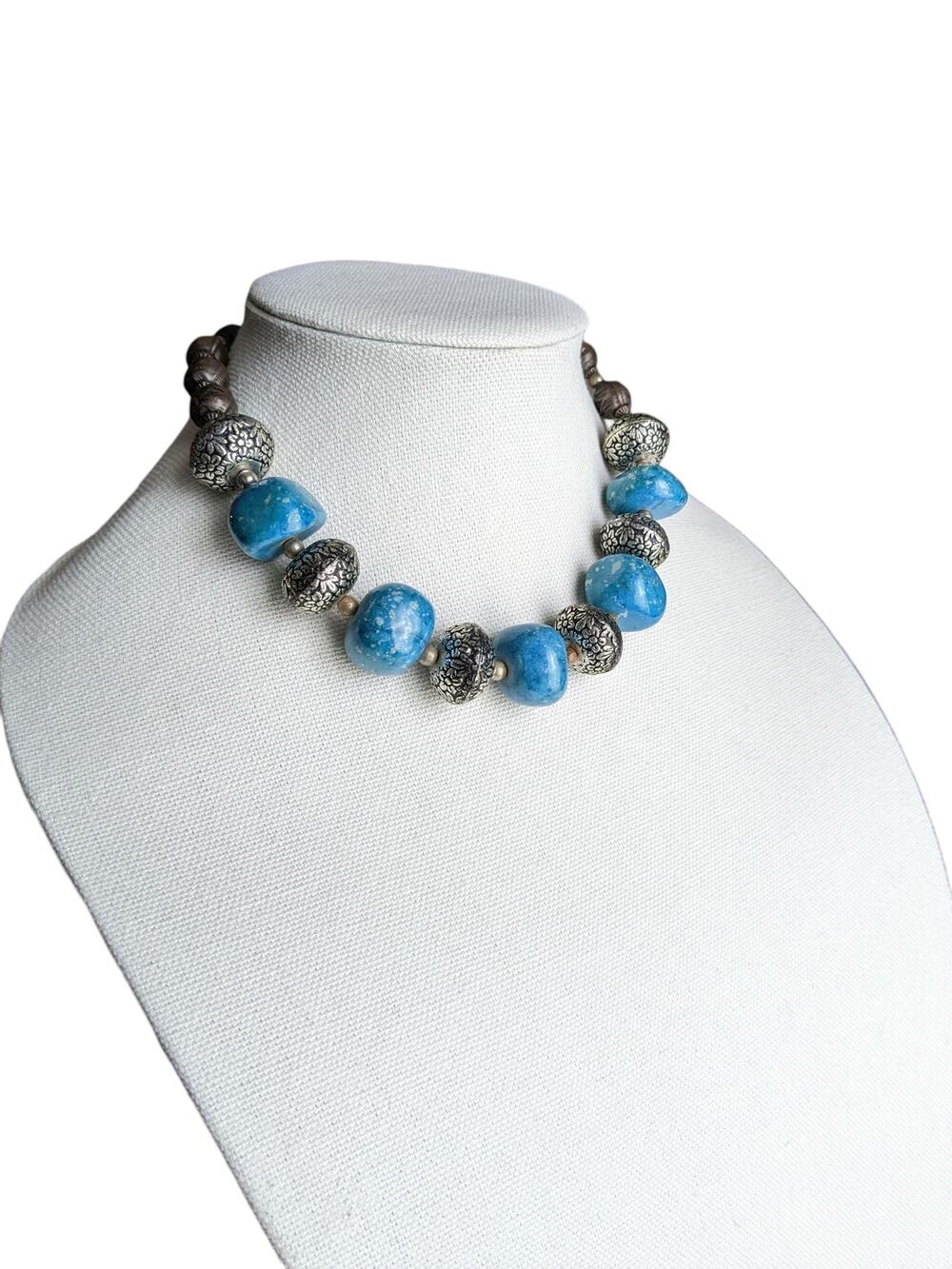 Vintage Blue and Silver Tone Chunky Statement Choker Necklace